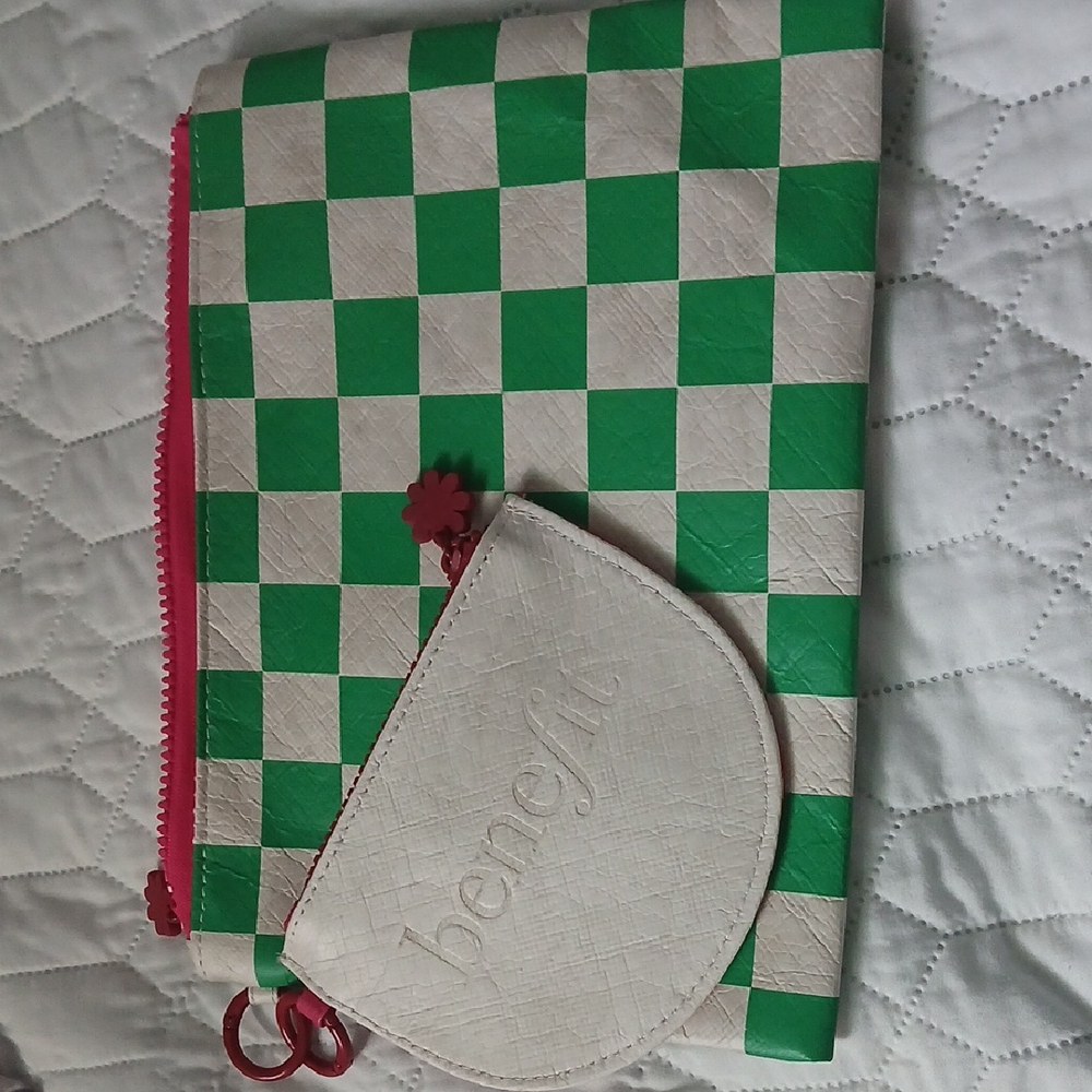 Benefit White and Green Checkered Pouch Set